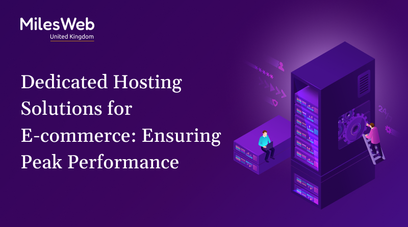 Illustration symbolizing dedicated hosting solutions for e-commerce, featuring a shopping cart and server icon with a gradient background.