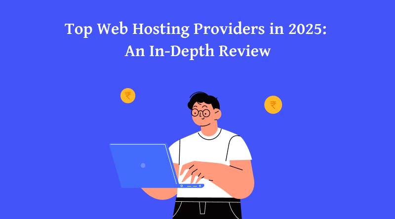Illustration depicting top web hosting providers in 2025, symbolizing reliable hosting services with a gradient background and a server icon.